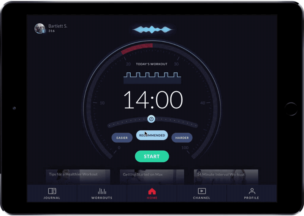 Workout selection home screen showing time and difficulty adjustment
