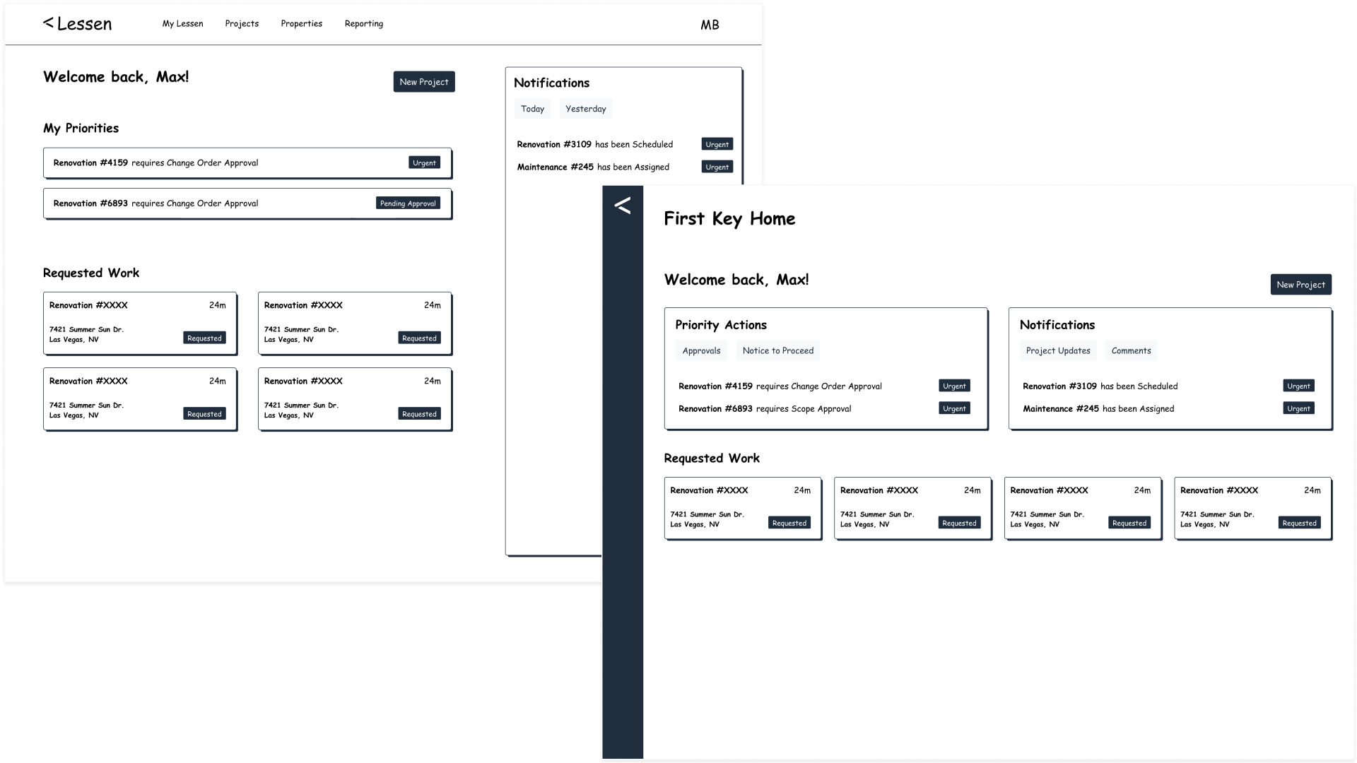 Early low-fidelity wireframes of the MyLessen dashboard