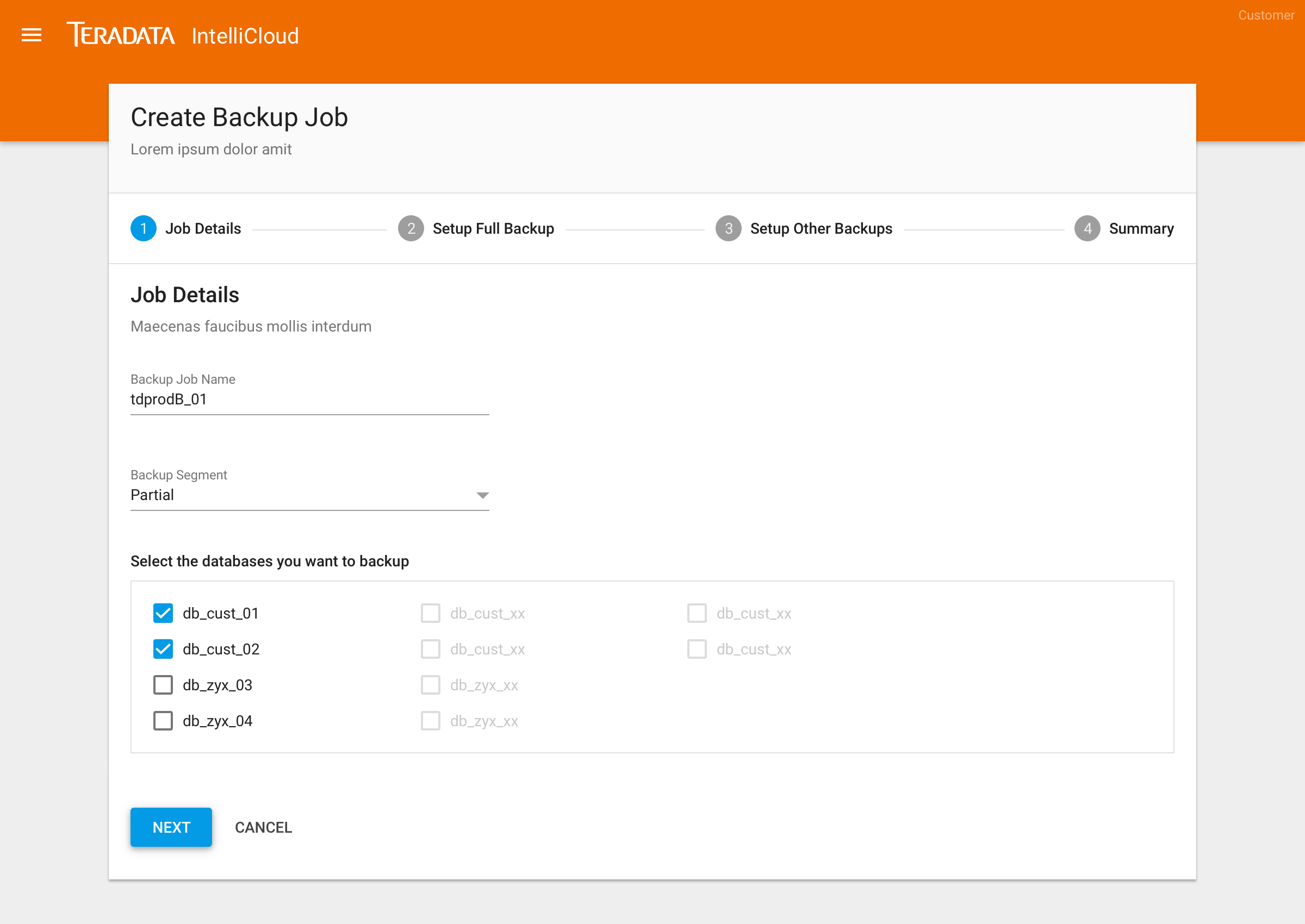 Create backup job wizard showing job details and database selection