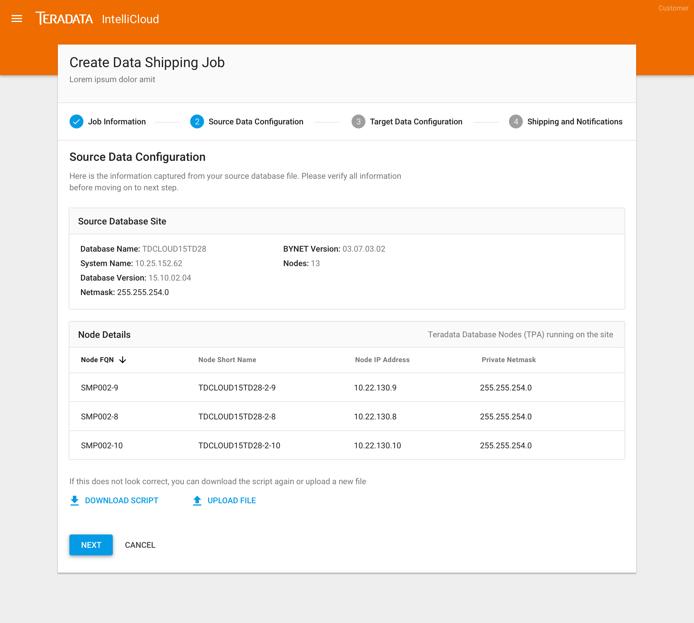 Create data shipping job wizard showing source data configuration