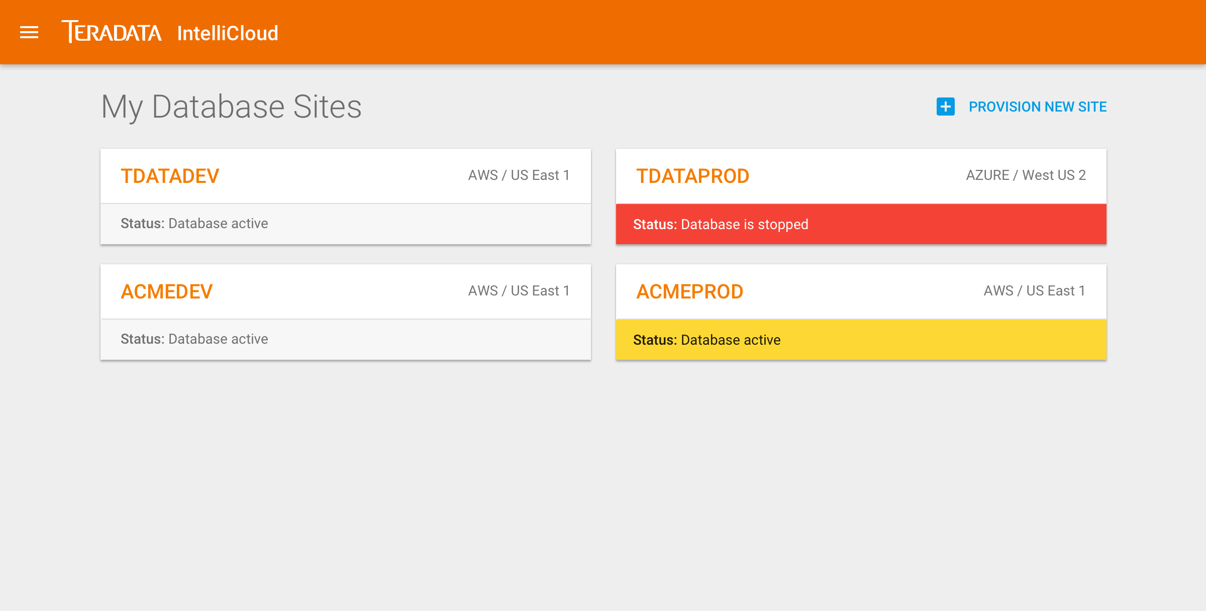 Early card-based concept for the database sites list, using colored status banners