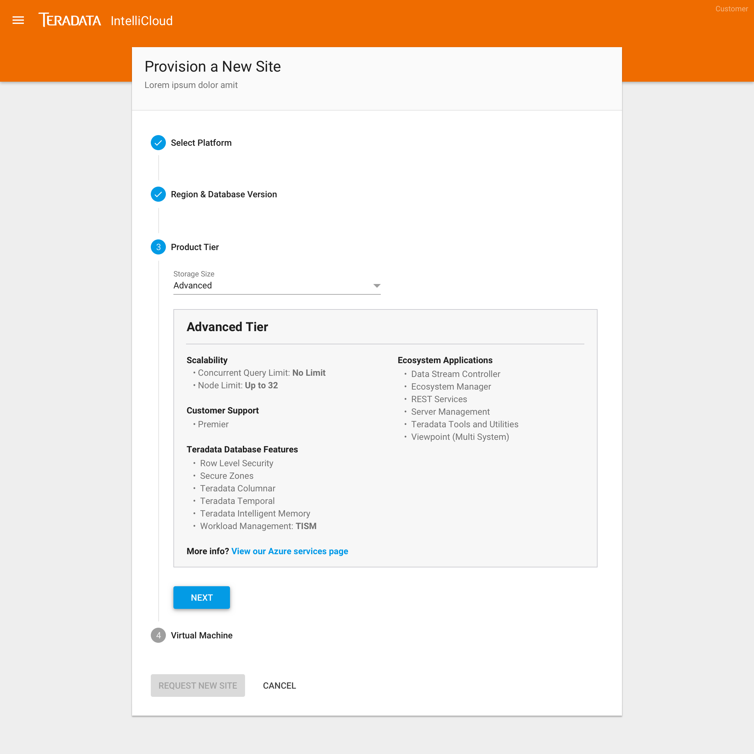 Provision a new site wizard showing platform, region, and product tier selection